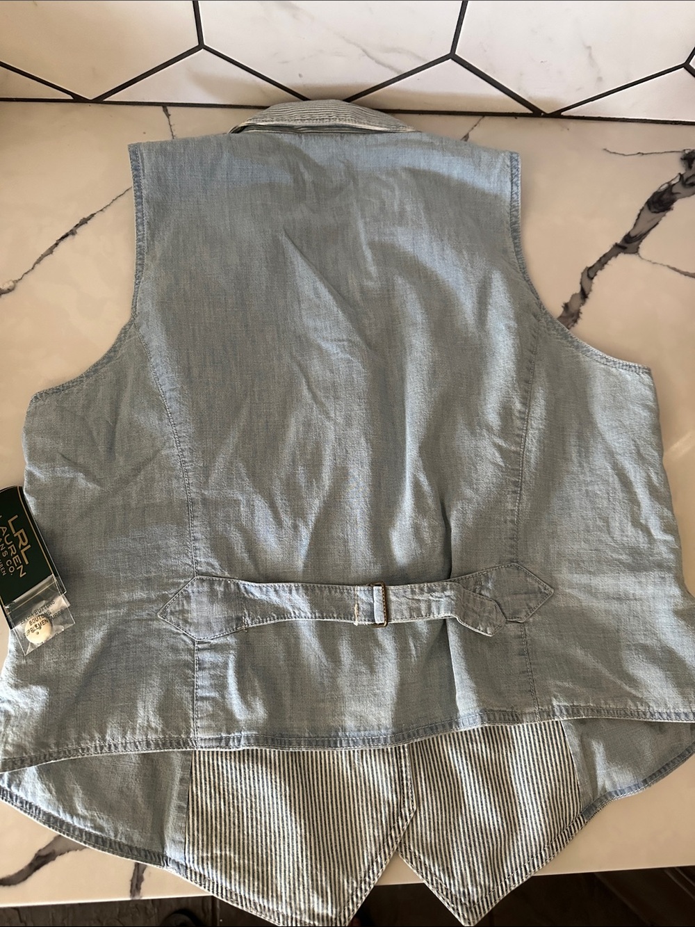 Lauren Ralph Lauren Light Blue Striped Patchwork Vest - Picture 7 of 7